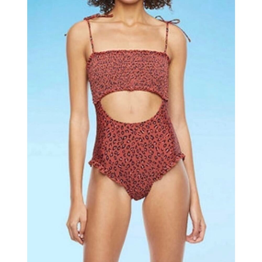 Decree animal print one piece with cut out women’s swimsuit in Rust Size L NWT